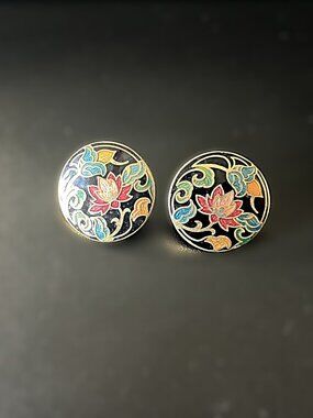 Vintage Cloisonné Enamel Round Dome Stud Earrings Lotus Flower Black Gold Boho